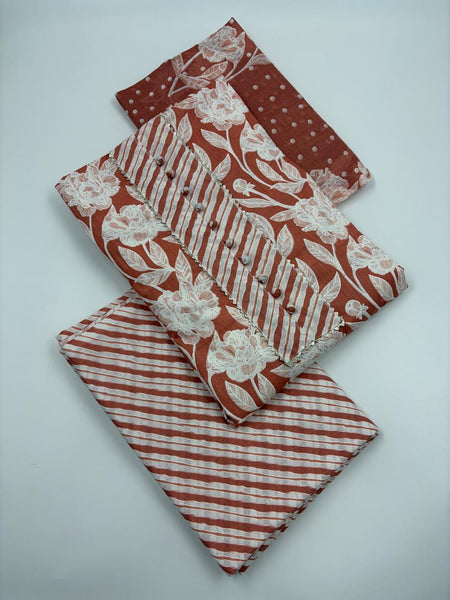 Morden Super Rust Floral Printed Cotton Kurta Set with Striped Pants & Dupatta