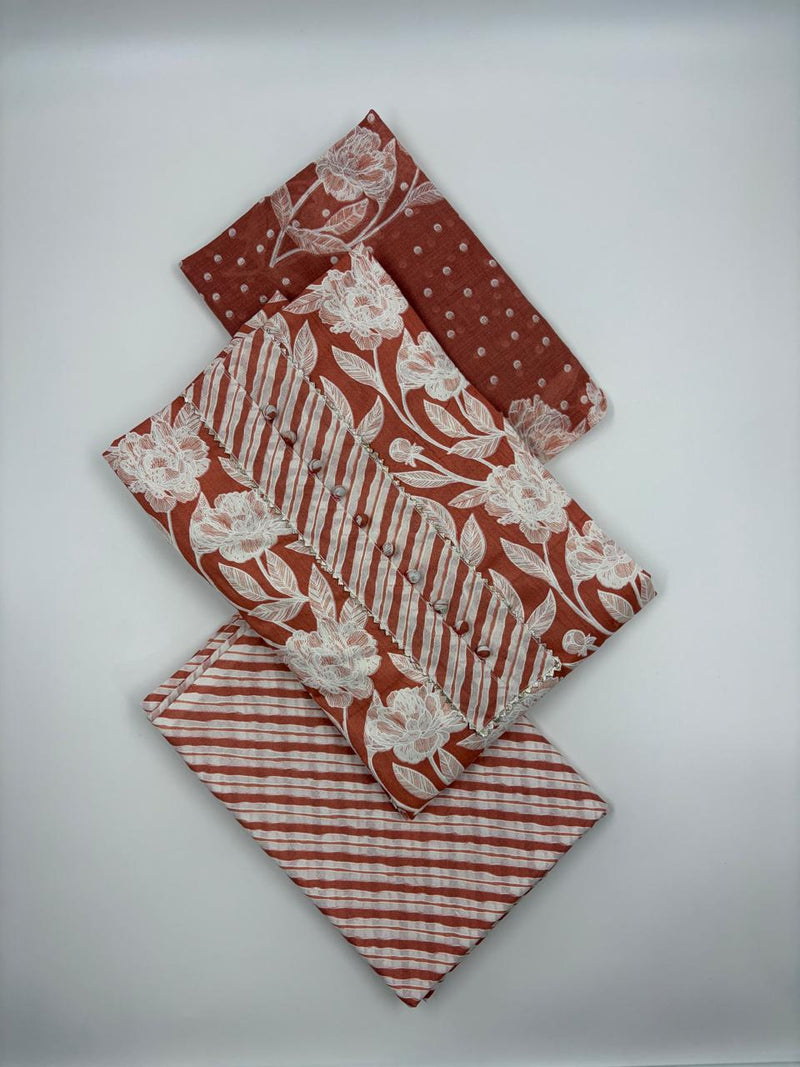 Morden Super Rust Floral Printed Cotton Kurta Set with Striped Pants & Dupatta