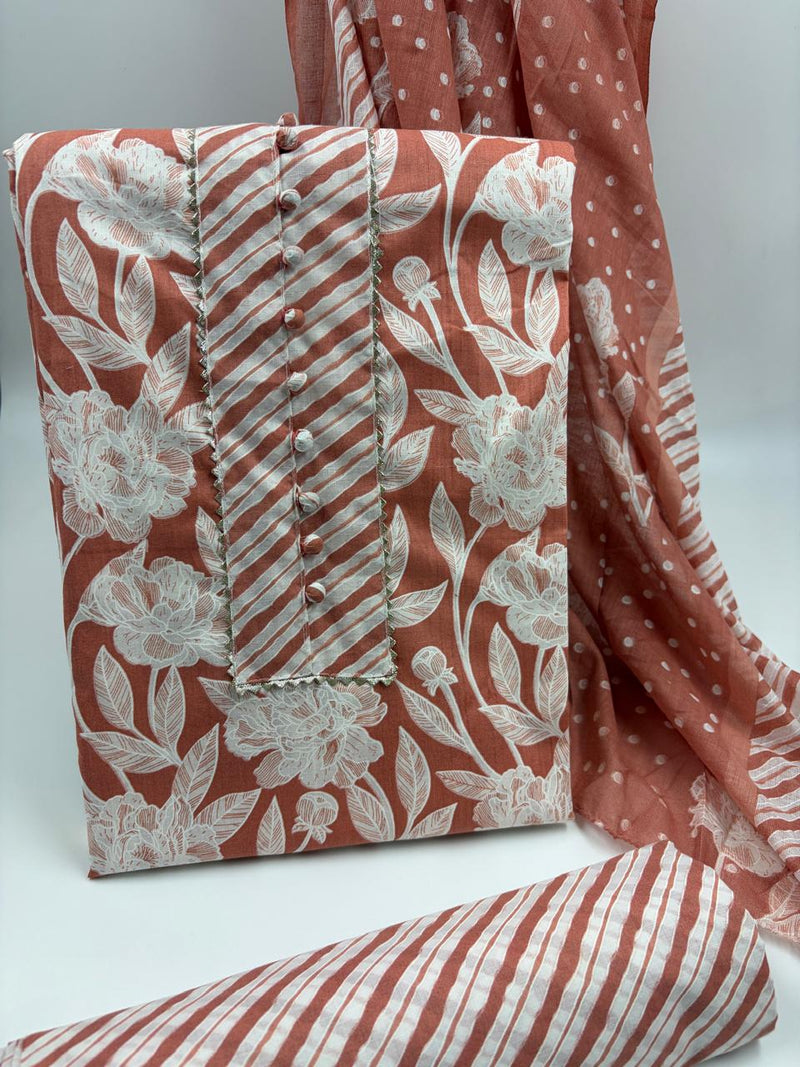 Morden Super Rust Floral Printed Cotton Kurta Set with Striped Pants & Dupatta