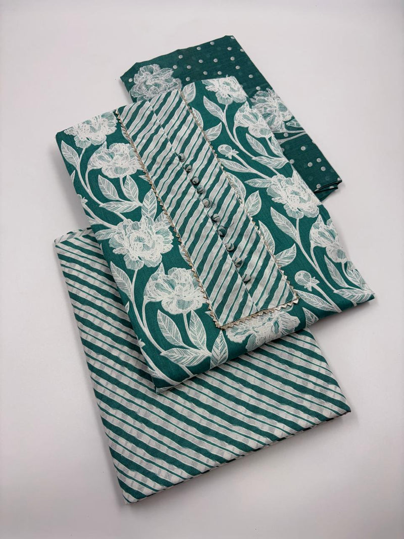 Morden Super Teal Green Floral Printed Cotton Kurta Set with Striped Pants & Dupatta