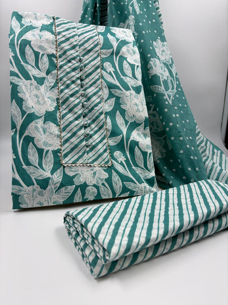 Morden Super Teal Green Floral Printed Cotton Kurta Set with Striped Pants & Dupatta