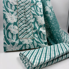 Morden Super Teal Green Floral Printed Cotton Kurta Set with Striped Pants & Dupatta