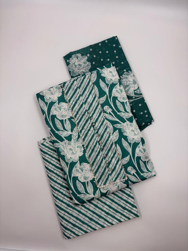 Morden Super Teal Green Floral Printed Cotton Kurta Set with Striped Pants & Dupatta