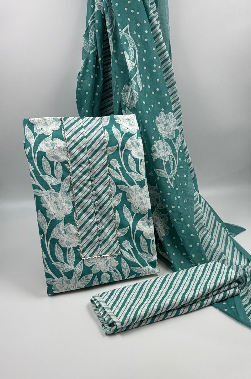 Morden Super Teal Green Floral Printed Cotton Kurta Set with Striped Pants & Dupatta