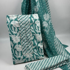 Morden Super Teal Green Floral Printed Cotton Kurta Set with Striped Pants & Dupatta