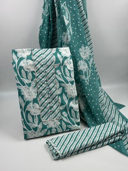 Morden Super Teal Green Floral Printed Cotton Kurta Set with Striped Pants & Dupatta