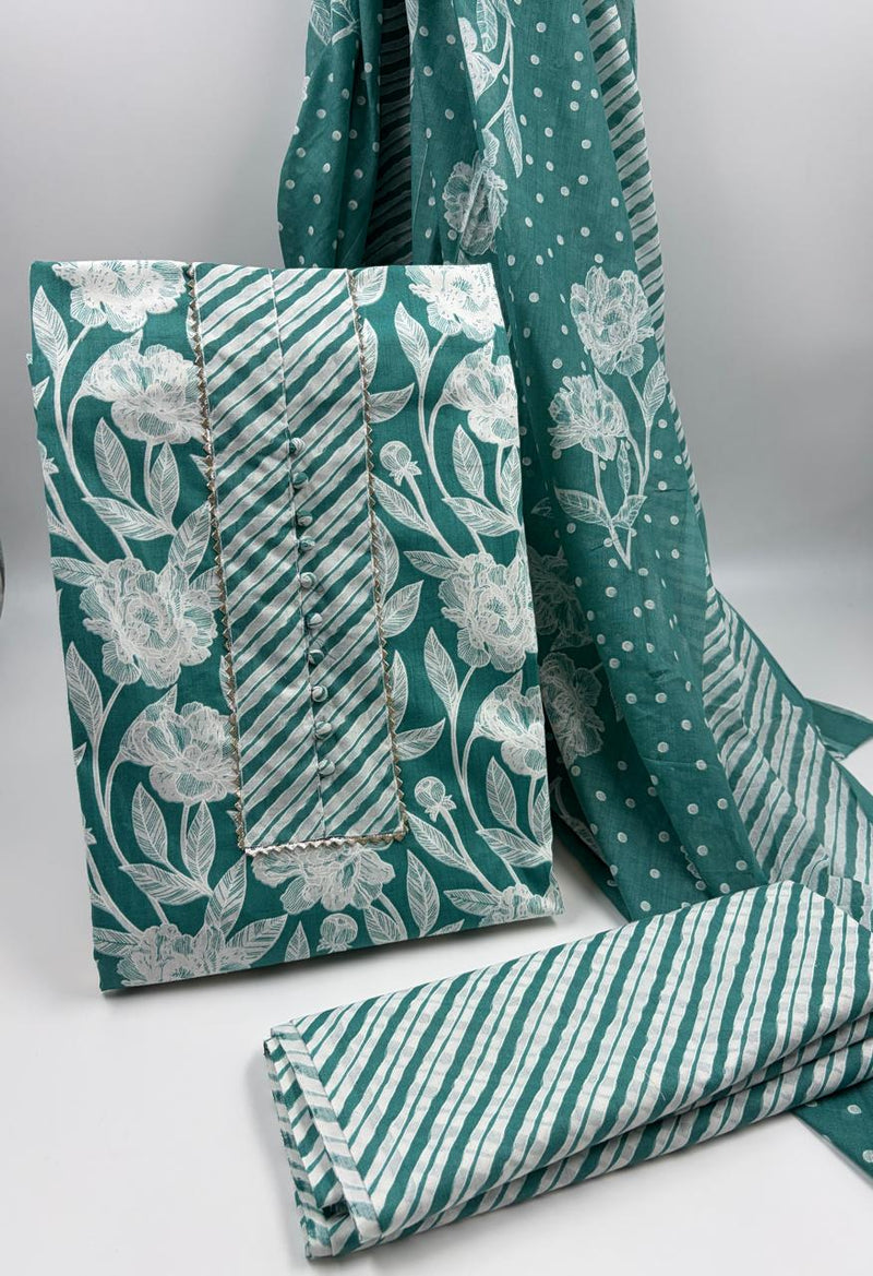 Morden Super Teal Green Floral Printed Cotton Kurta Set with Striped Pants & Dupatta