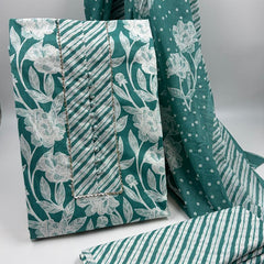 Morden Super Teal Green Floral Printed Cotton Kurta Set with Striped Pants & Dupatta