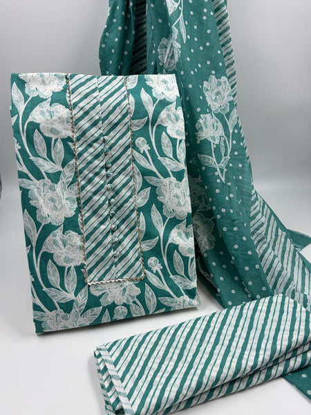 Morden Super Teal Green Floral Printed Cotton Kurta Set with Striped Pants & Dupatta