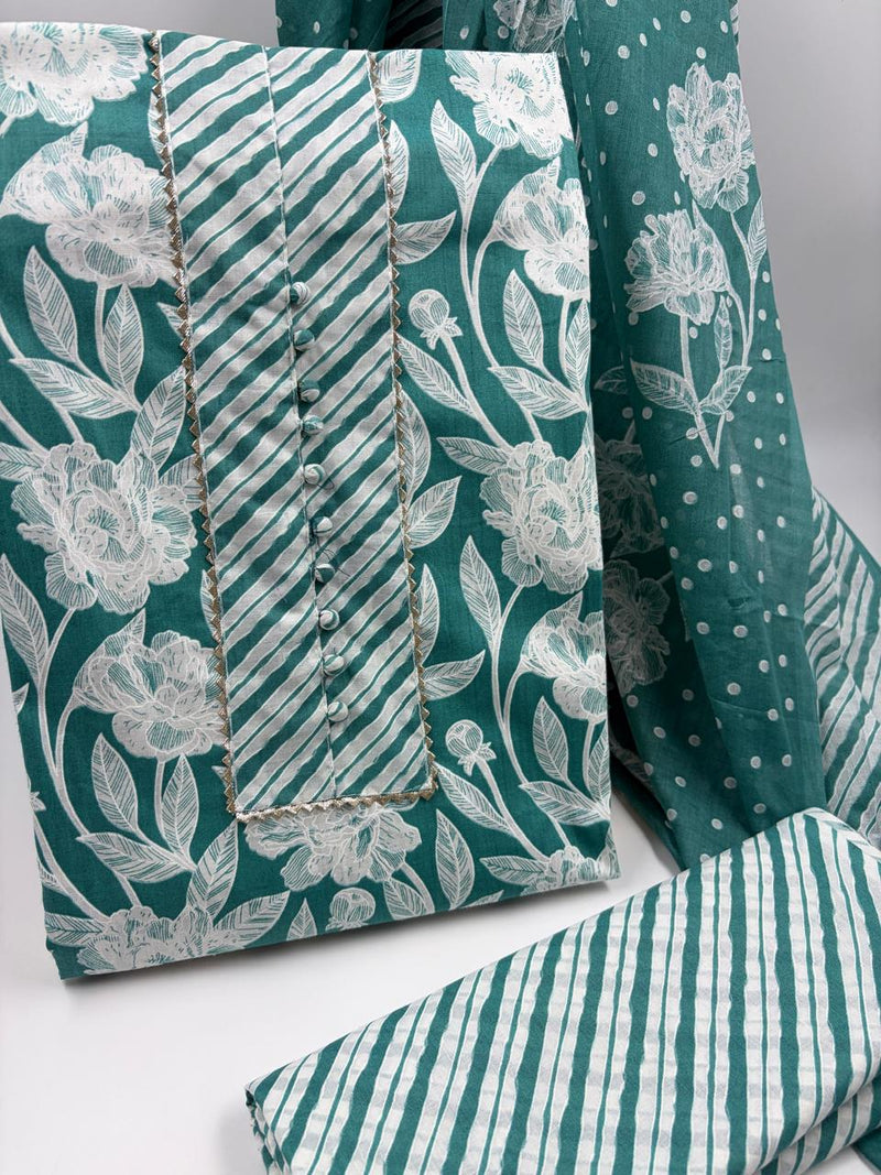 Morden Super Teal Green Floral Printed Cotton Kurta Set with Striped Pants & Dupatta