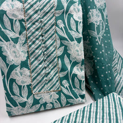 Morden Super Teal Green Floral Printed Cotton Kurta Set with Striped Pants & Dupatta