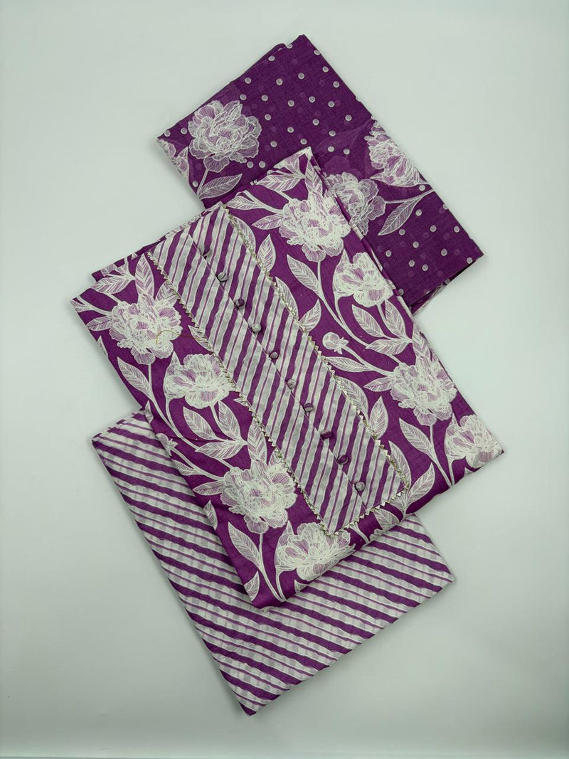 Morden Super Purple Floral Printed Cotton Kurta Set with Striped Pants & Dupatta