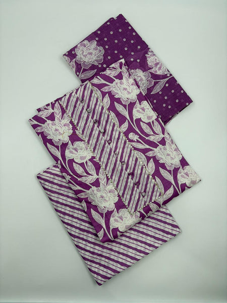 Morden Super Purple Floral Printed Cotton Kurta Set with Striped Pants & Dupatta