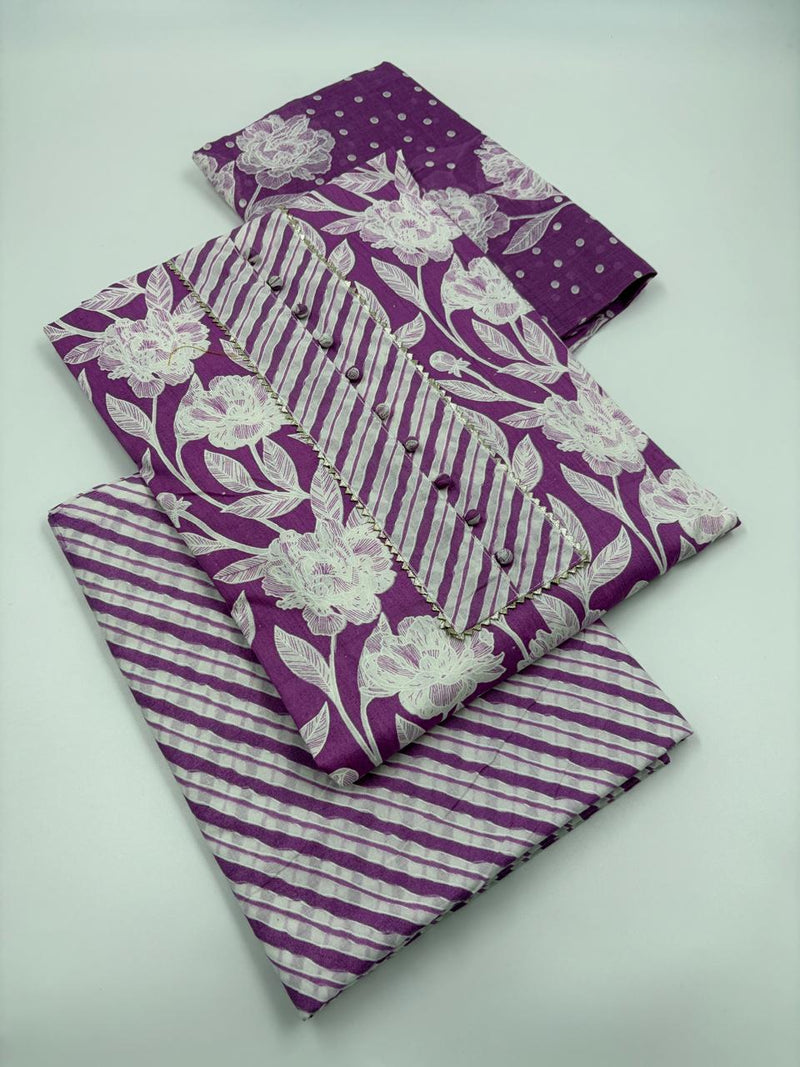 Morden Super Purple Floral Printed Cotton Kurta Set with Striped Pants & Dupatta