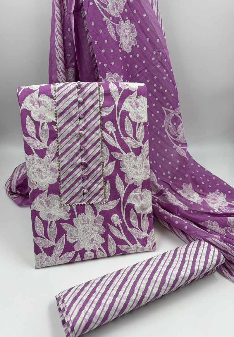 Morden Super Purple Floral Printed Cotton Kurta Set with Striped Pants & Dupatta