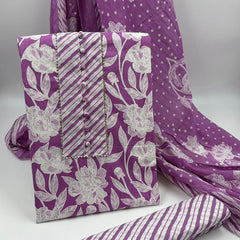 Morden Super Purple Floral Printed Cotton Kurta Set with Striped Pants & Dupatta