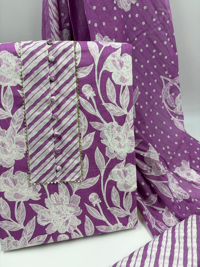 Morden Super Purple Floral Printed Cotton Kurta Set with Striped Pants & Dupatta