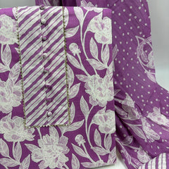 Morden Super Purple Floral Printed Cotton Kurta Set with Striped Pants & Dupatta