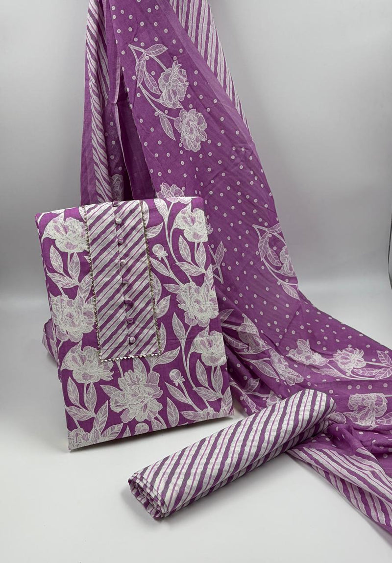 Morden Super Purple Floral Printed Cotton Kurta Set with Striped Pants & Dupatta