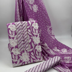 Morden Super Purple Floral Printed Cotton Kurta Set with Striped Pants & Dupatta