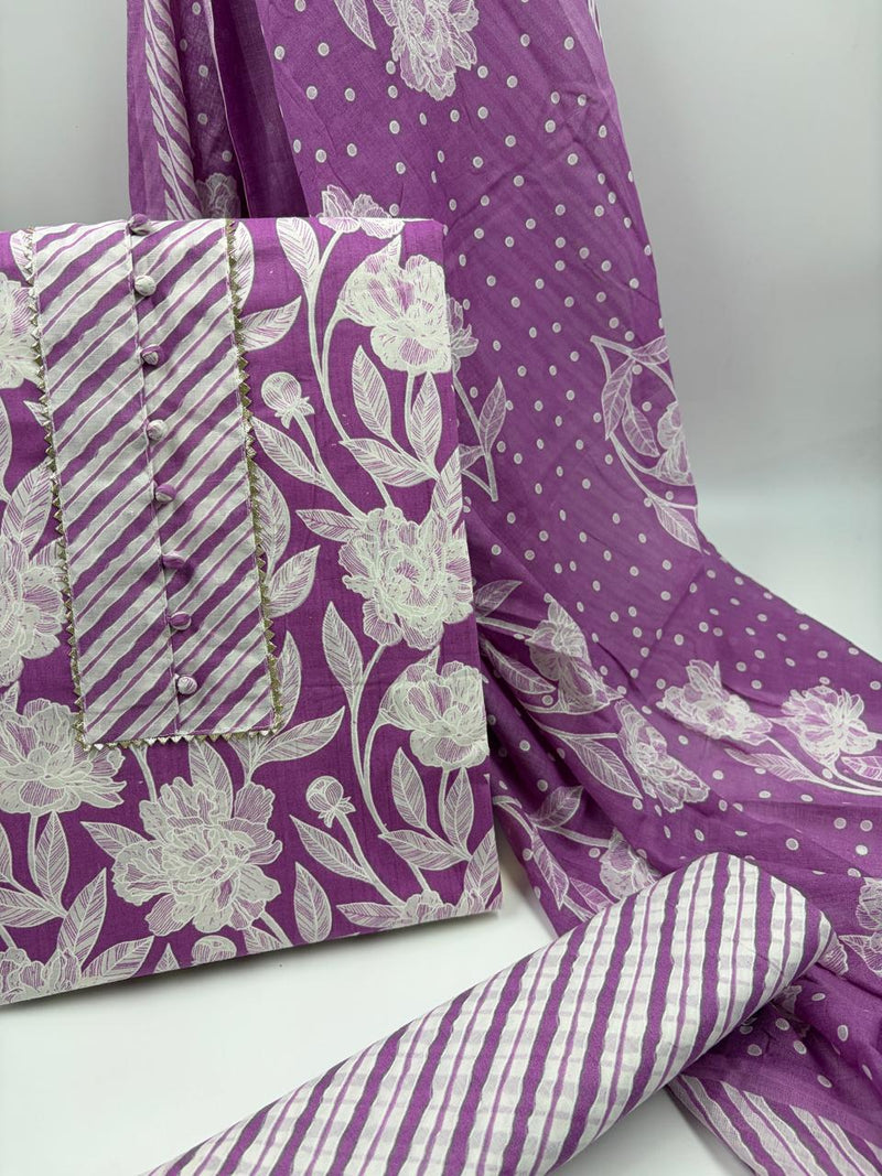 Morden Super Purple Floral Printed Cotton Kurta Set with Striped Pants & Dupatta