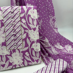 Morden Super Purple Floral Printed Cotton Kurta Set with Striped Pants & Dupatta