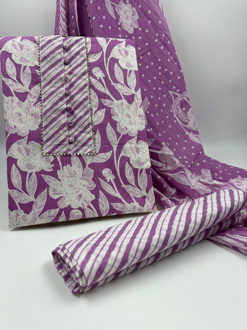 Morden Super Purple Floral Printed Cotton Kurta Set with Striped Pants & Dupatta