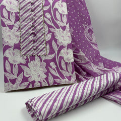 Morden Super Purple Floral Printed Cotton Kurta Set with Striped Pants & Dupatta