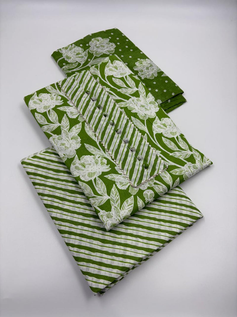 Morden Super Green Floral Printed Cotton Kurta Set with Striped Pants & Dupatta