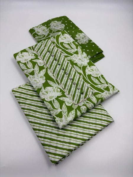 Morden Super Green Floral Printed Cotton Kurta Set with Striped Pants & Dupatta