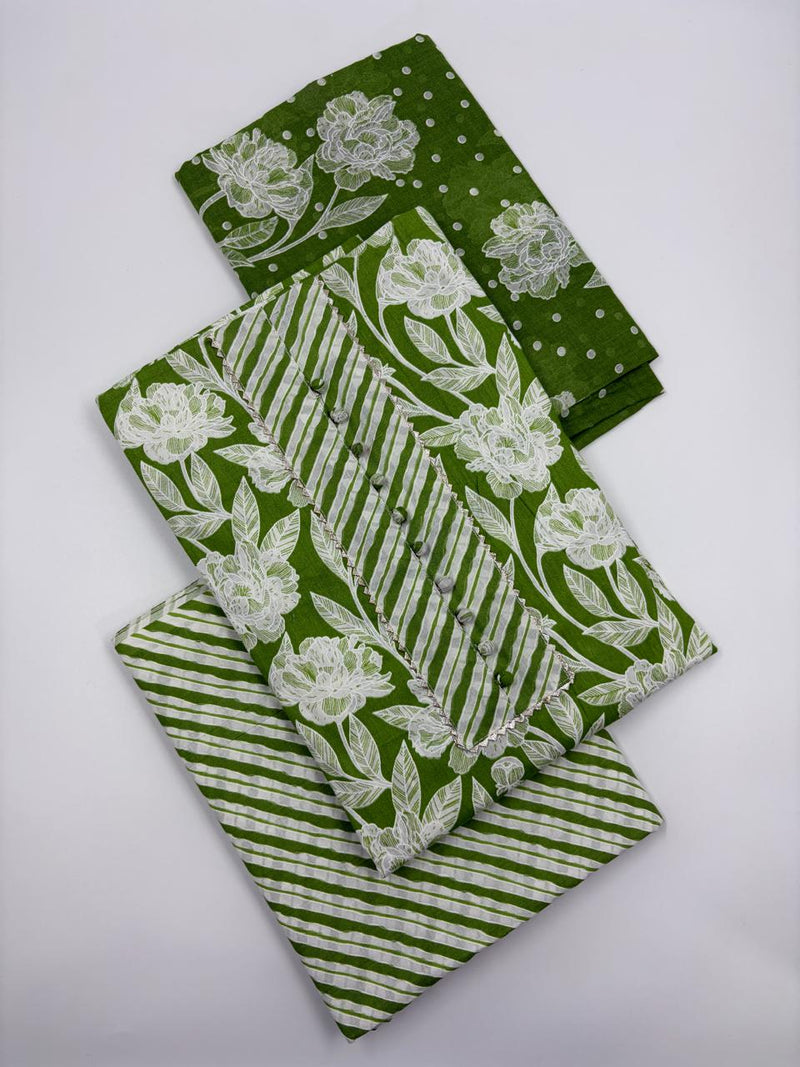 Morden Super Green Floral Printed Cotton Kurta Set with Striped Pants & Dupatta