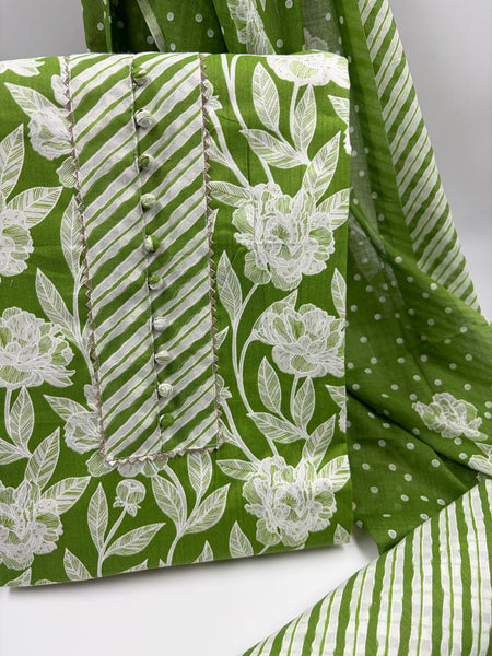 Morden Super Green Floral Printed Cotton Kurta Set with Striped Pants & Dupatta
