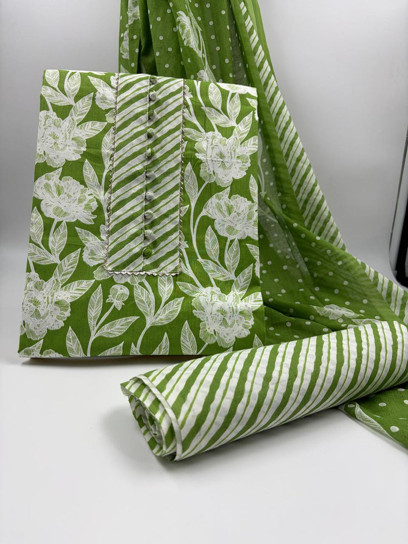Morden Super Green Floral Printed Cotton Kurta Set with Striped Pants & Dupatta