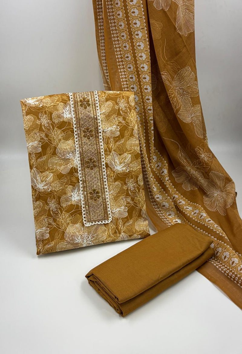 Morden Super Mustard Yellow Floral Printed Cotton Kurta Set with Embroidered Neck Panel & Dupatta