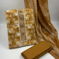 Morden Super Mustard Yellow Floral Printed Cotton Kurta Set with Embroidered Neck Panel & Dupatta