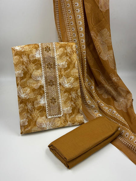 Morden Super Mustard Yellow Floral Printed Cotton Kurta Set with Embroidered Neck Panel & Dupatta