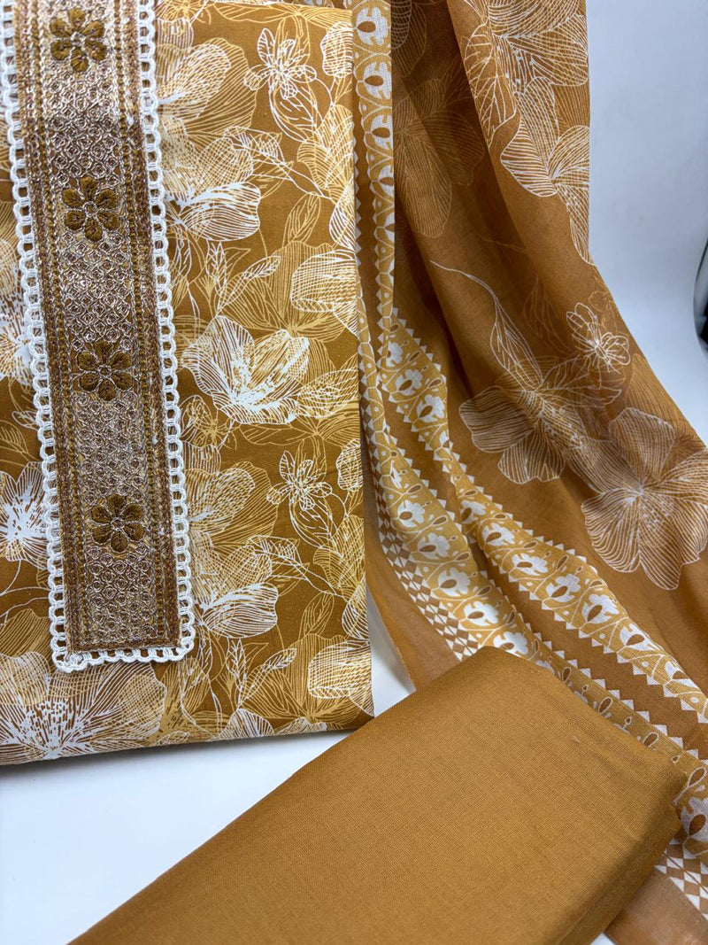 Morden Super Mustard Yellow Floral Printed Cotton Kurta Set with Embroidered Neck Panel & Dupatta