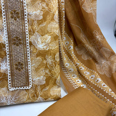 Morden Super Mustard Yellow Floral Printed Cotton Kurta Set with Embroidered Neck Panel & Dupatta
