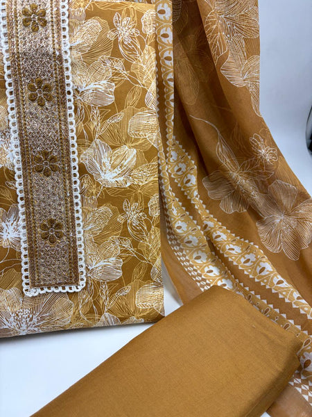Morden Super Mustard Yellow Floral Printed Cotton Kurta Set with Embroidered Neck Panel & Dupatta