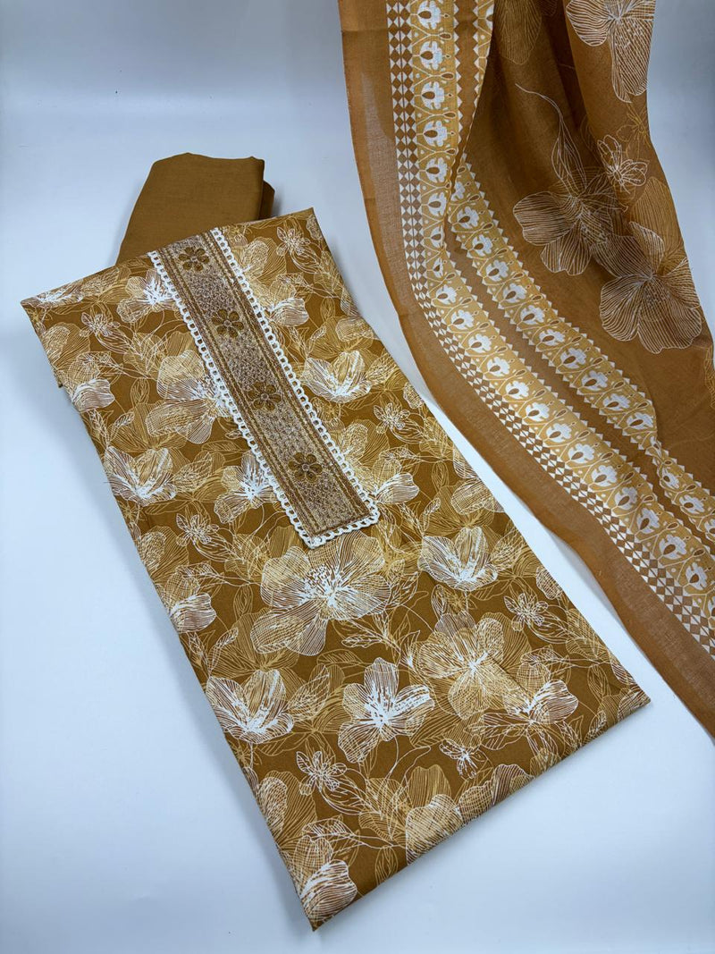 Morden Super Mustard Yellow Floral Printed Cotton Kurta Set with Embroidered Neck Panel & Dupatta
