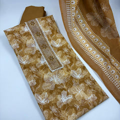 Morden Super Mustard Yellow Floral Printed Cotton Kurta Set with Embroidered Neck Panel & Dupatta