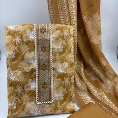 Morden Super Mustard Yellow Floral Printed Cotton Kurta Set with Embroidered Neck Panel & Dupatta