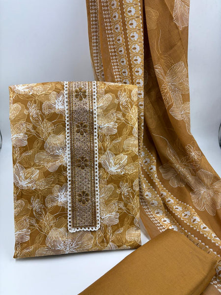 Morden Super Mustard Yellow Floral Printed Cotton Kurta Set with Embroidered Neck Panel & Dupatta
