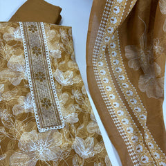 Morden Super Mustard Yellow Floral Printed Cotton Kurta Set with Embroidered Neck Panel & Dupatta