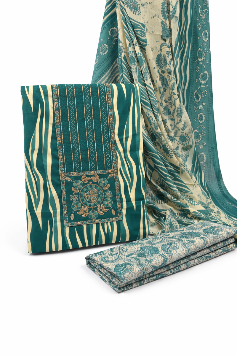 Morden Super Teal Printed Cotton Suit Set with Embroidered Kurta, Floral Dupatta & Bottom