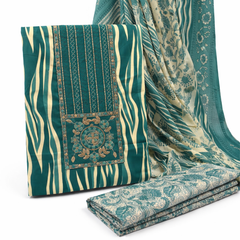 Morden Super Teal Printed Cotton Suit Set with Embroidered Kurta, Floral Dupatta & Bottom