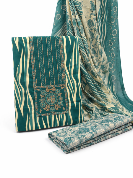 Morden Super Teal Printed Cotton Suit Set with Embroidered Kurta, Floral Dupatta & Bottom