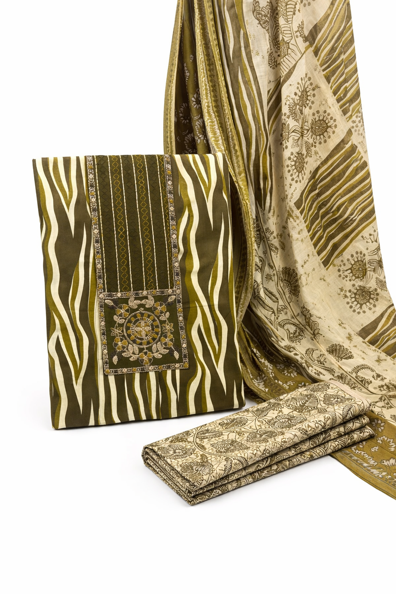 Morden Super Olive Green Printed Suit Set with Embroidered Panel & Designer Dupatta