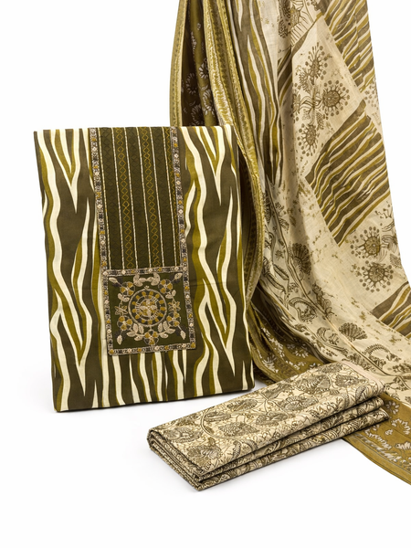Morden Super Olive Green Printed Suit Set with Embroidered Panel & Designer Dupatta