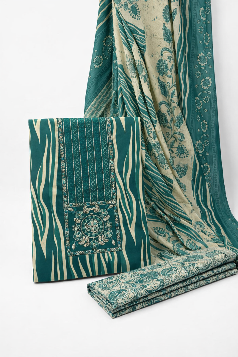 Morden Super Teal Printed Cotton Suit Set with Embroidered Kurta, Floral Dupatta & Bottom
